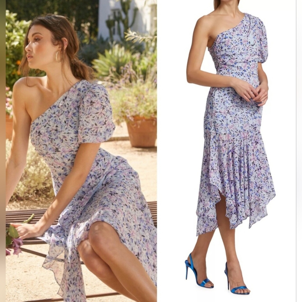 Astr Sheer Floral One Shoulder Ruffle Wrap Zip Midi Dress - Picture 10 of 10